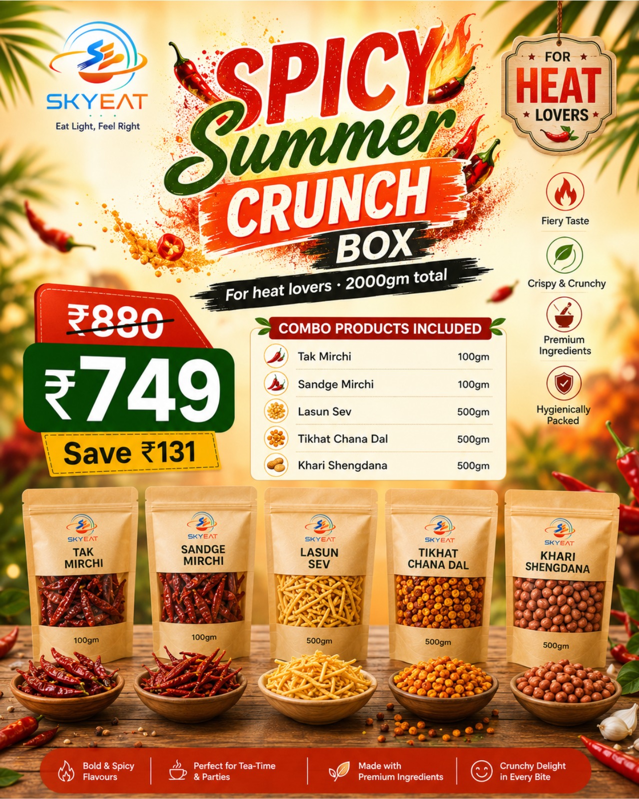 Spicy Summer Crunch Box (Tak Mirchi, Sandge Mirchi, Lasun Sev, Tikhat Chana Dal, Khari Shengdan