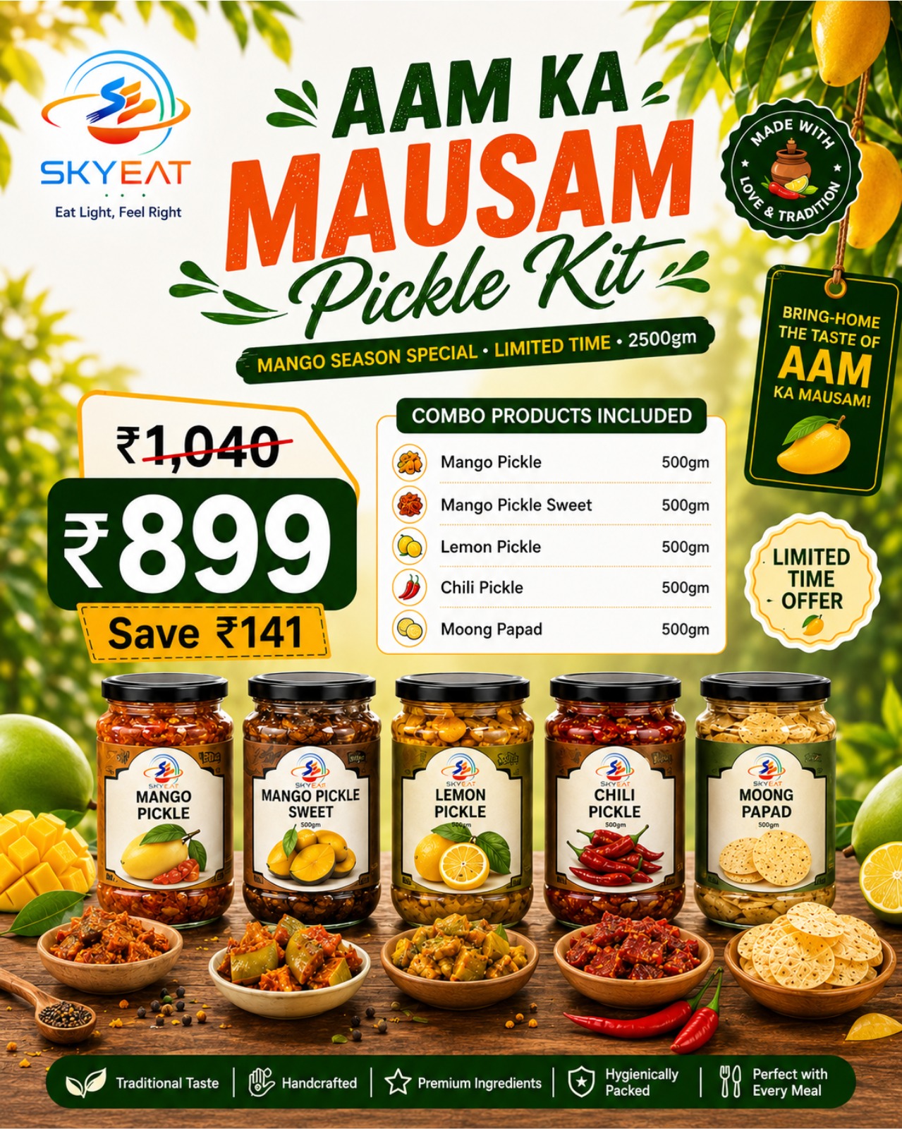 Aam Ka Mausam Pickle Kit (Mango Pickle, Mango Pickle Sweet, Lemon Pickle, Chili Pickle, Moong P