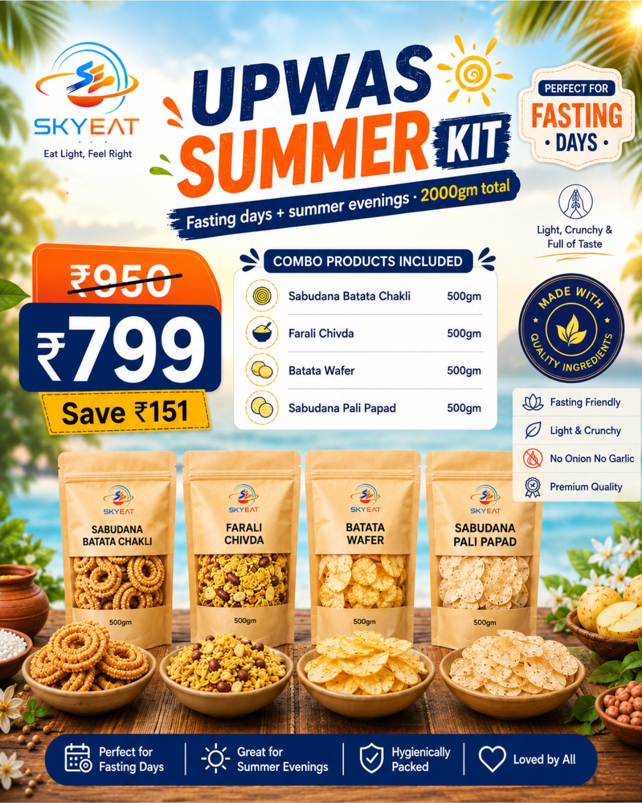 Upwas Summer Kit (Sabudana Batata Chakli, Farali Chivda, Batata Wafer, Sabudana Pali Papad)